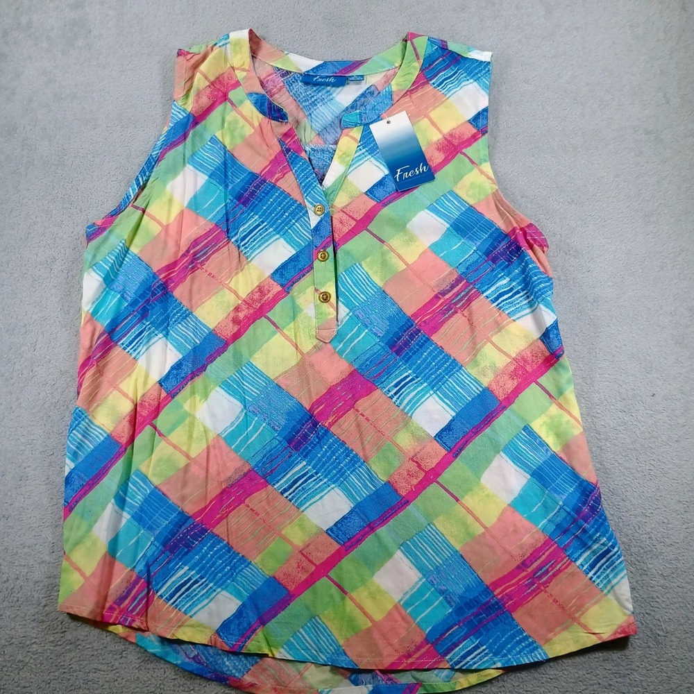 Fresh Womens Sleeveless Plaid Blouse Multicolor L Button Front Rayon Top